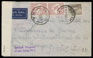 POW Camps WA: HARVEY: 1941 stampless covers & a registered airmail cover at 4/9d rate - opened-out for display - all to the Red Cross in Geneva, all with superb 'Services. Prisoners/of war. Camp No 11' cachet & with Censor No 1 x2 or No 3 cachets all in v