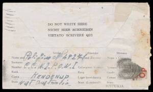 POW Camps WA: KENDENUP: 1945 1/- Airmail Notelope endorsed on reverse "CCW2 POWI/Kendenup", to Italy, blemishes. Rare. [Kendenup Camp, 350km ESE of Perth, housed only 200 POWs. This & the next lot are the only items we have seen from this tiny camp, which