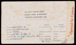 POW Camps WA: KENDENUP: 1945 1/- Airmail Notelope endorsed on reverse "PW Control Centre W2/Kendenup", to Sicily, sent via Melbourne, Messina arrival cds on the face, blemishes. Rare. [Kendenup Camp, 350km ESE of Perth, housed only 200 POWs. This & the pr