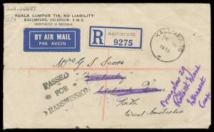 POW Camps WA: ROTTNEST ISLAND: 1939 (Dec 18) commercial airmail cover from Selangor at $1.80 rate with Perak/Selangor combination franking on the reverse, 'KALUMPANG' cds & registration label, 'PASSED/FOR/TRANSMISSION' h/s applied in Singapore, Darwin tra