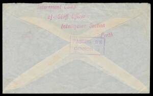 POW Camps WA: ROTTNEST ISLAND: 1940 (June 26) to an Italian woman in Perth with very fine 'Internment Camp/ c/- Staff Officer/Intelligence Section/Perth' cachet in rosine on the flap, POW h/s & boxed Censor No 3 cachet both in violet. Ex Ron Lee: illustr