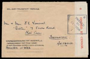 POWs in Italy: Bundle of Neil Russell's annotated pages with Australian OHMS envelope used to send advice of an Australian officer's capture at Tobruk, Italian Red Cross two different printed advices re correspondence to Australia, various POW Postal Card