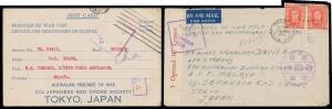 POWs in Malaya: CHANGI - INWARDS MAIL: Red Cross Envelopes with Three Thin Bars x3 or Thick Bar x5 (one with Japanese Red Cross cachet in rosine), Red Cross blue/white Postal Card with camp censor Ta chop; and by air plain covers at 5d rate x2 (one shortp