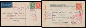 POWs in Malaya: CHANGI - INWARDS MAIL: All-different identified camp censor cachets on plain cover with unnecessary 2Â½d payment (with the original enclosure), Red Cross Envelopes with Thick Bar x2, Red Cross blue/white Postal Card; and by air postcards r