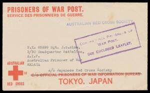 POWs in Malaya: CHANGI - INWARDS MAIL: Undated Red Cross Envelope with Single Ruled Line & typed "c/- Japanese Red Cross Society", largely superb strike of the very scarce boxed 'CONTRAVENES PRISONERS OF/WAR POST/SEE ENCLOSED LEAFLET' (that unfortunately 