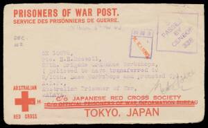 POWs in Malaya: CHANGI - INWARDS MAIL: Undated Red Cross Envelope with Three Thin Bars to Changi with camp censor 'H KANNO' chop most unusually in Roman characters!, endorsed "DEC/42" (presumably the date of the letter, which is not present) & "N Paton 6t