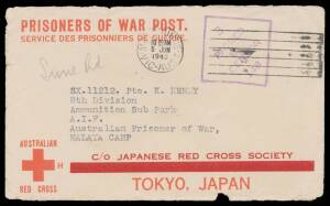 POWs in Malaya: CHANGI - INWARDS MAIL: 1943 Red Cross Envelope with Thick Bar to Changi with Melbourne machine cancel of 5JUN/1943 & endorsed on arrival "Sime Rd", small faults. Sime Road Camp was a small facility at the Singapore Golf Club! [With the let