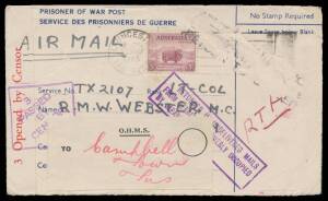 POWs in Malaya: CHANGI - INWARDS MAIL: 1945 use of blue/white POW Envelope uprated with 5d Ram tied by Launceston cds of 28MAY/1945, endorsed "RTA" (= Returned to Australia), '.../RETURN TO SENDER' h/s largely erased & superb strike of boxed 'RETURNED IN 