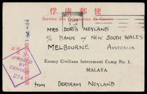 POWs in Malaya: CHANGI - OUTWARDS MAIL: 1943-44 red/white POW Postal Cards - three types, with different numbers of Japanese characters at left & one with 'Enemy Civilians Internment Camp No 1' stupidly printed in the address panel - three with personal c