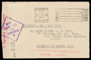 POWs in Borneo: SANDAKAN: 1943 plain cover from NSW addressed "Interned in Borneo Camp" with Sydney machine cancel plus Melbourne censor label & cachet in violet, North Borneo POW Camp cachet in violet on the reverse, endorsed "Recd 29.8.44" on the face, 