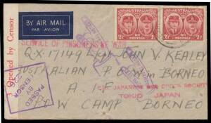 POWs in Borneo: SANDAKAN: 1945 (Apr 5) to "Australian POW in Borneo" c/- Red Cross in Japan with Gloucester 2Â½d x2 tied by Bexhill (NSW) cds, Melbourne censor label & cachet in violet, Return to Sender cachets in violet. [The Allies landed in North Borne