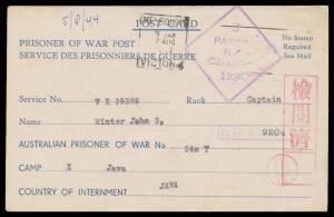 POWs in Neth Indies: JAVA: 1944 plain envelope from WA with Perth machine cancel, Melbourne censor label & cachet; blue/white postcard to Camp "X", Red Cross envelopes x3, one received after 23 months, one with faint endorsement on face "Received 1.4.45 K