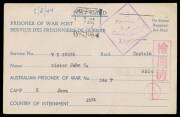 POWs in Neth Indies: JAVA: 1944 plain envelope from WA with Perth machine cancel, Melbourne censor label & cachet; blue/white postcard to Camp "X", Red Cross envelopes x3, one received after 23 months, one with faint endorsement on face "Received 1.4.45 K