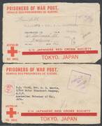 POWs in Neth Indies: JAVA: 1944 plain envelope from WA with Perth machine cancel, Melbourne censor label & cachet; blue/white postcard to Camp "X", Red Cross envelopes x3, one received after 23 months, one with faint endorsement on face "Received 1.4.45 K - 2