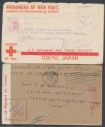 POWs in Neth Indies: JAVA: 1944 plain envelope from WA with Perth machine cancel, Melbourne censor label & cachet; blue/white postcard to Camp "X", Red Cross envelopes x3, one received after 23 months, one with faint endorsement on face "Received 1.4.45 K - 3