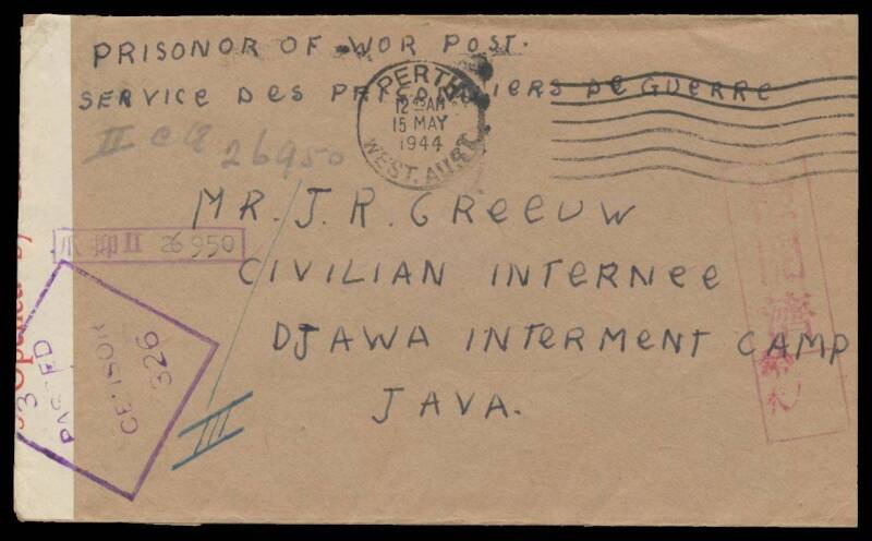 POWs in Neth Indies: JAVA: 1944 (May 15) plain envelope from WA with Perth machine cancel, to "Djawa Interment Camp/Java" with Melbourne censor label & cachet. [Endorsed on the flap "Master Jack Greeuw...": mail from children to POWs is rare. We hope Dad