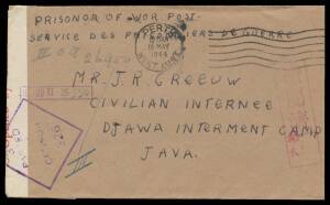 POWs in Neth Indies: JAVA: 1944 (May 15) plain envelope from WA with Perth machine cancel, to "Djawa Interment Camp/Java" with Melbourne censor label & cachet. [Endorsed on the flap "Master Jack Greeuw...": mail from children to POWs is rare. We hope Dad 