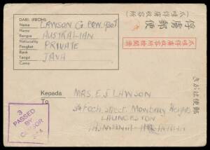 POWs in Neth Indies: JAVA: c. late-1942 red & black/white Postal Cards to Victoria with typed advice of capture & to Tasmania with hand-written message, minor blemishes. The latter from G Lawson, a member of "Sparrow" Force, captured on Timor. (2)