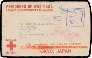 POWs in Neth Indies: TIMOR: 1943 Red Cross Envelopes with Three Thin Bars or Thick Bar, both from Tasmania, the latter with Melbourne machine cancel, a bit battered. (2)