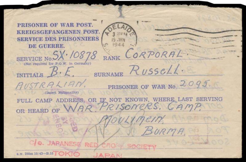 POWs in Burma: MOULMEIN: 1943 black/white POW Envelope to "Moulemein [sic] Burma" from NSW with camp censor Adachi cachet; and Red Cross blue/white lettersheet to "Moulimein [sic] Burma" from South Australia; both censored at Melbourne, minor blemishes.