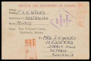 POWs in Burma: MOULMEIN: POW Postal Cards printed in red & black with 'Camp War Prisoners Camp/Moulmein, BURMA' imprint being an address advice card also stating "I am with friends...", unused & another undated to Victoria with camp censor Naito chop & me