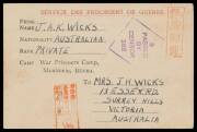 POWs in Burma: MOULMEIN: POW Postal Cards printed in red & black with 'Camp War Prisoners Camp/Moulmein, BURMA' imprint being an address advice card also stating "I am with friends...", unused & another undated to Victoria with camp censor Naito chop & me