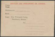 POWs in Burma: MOULMEIN: POW Postal Cards printed in red & black with 'Camp War Prisoners Camp/Moulmein, BURMA' imprint being an address advice card also stating "I am with friends...", unused & another undated to Victoria with camp censor Naito chop & me - 2