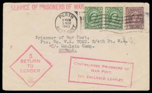 POWs in Burma: MOULMEIN: 1943 (Nov 5) airmail cover from Perth to "Moulein Camp/Burmah" [sic] with superb boxed 'CONTRAVENES PRISONERS OF/WAR POST/SEE ENCLOSED LEAFLET' - which is not included - & diamond ' 3 /RETURN/TO SENDER' cachets both in rosine appl