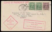 POWs in Burma: MOULMEIN: 1943 (Nov 5) airmail cover from Perth to "Moulein Camp/Burmah" [sic] with superb boxed 'CONTRAVENES PRISONERS OF/WAR POST/SEE ENCLOSED LEAFLET' - which is not included - & diamond ' 3 /RETURN/TO SENDER' cachets both in rosine appl