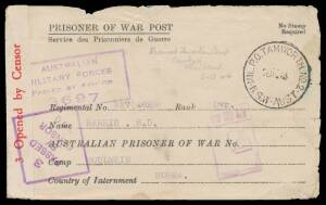 POWs in Burma: MOULMEIN: 1943 black/white POW Envelope to "Moulmein Burma" from NSW with 'MIL PO TAMWORTH No 2' cds & camp censor Adachi cachet, forwarded to Thailand with addressee's endorsement "Received Tamarkan Camp/Canburi/ Thailand/5.12.44", a trans