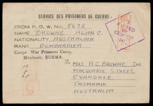 POWs in Burma: MOULMEIN: POW Postal Card printed wholly in black with with 'Camp War Prisoners Camp/Moulmein, BURMA' imprint & printed chatty "letter" that makes life sound wonderful & the Japanese commander an enlightened philanthropist, to Tasmania with