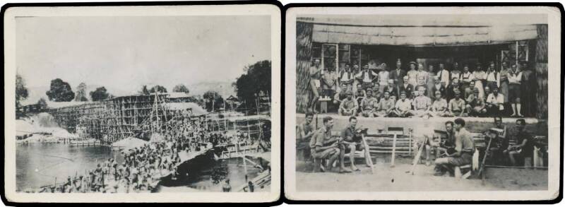 POWs in Thailand: Series of small second-generation photographs of the infamous Burma-Thailand Railway with railway cuttings & bridges (including after being bombed by the RAF), camp scenes including hospital ward & POW theatre, POW funeral & the cemetery