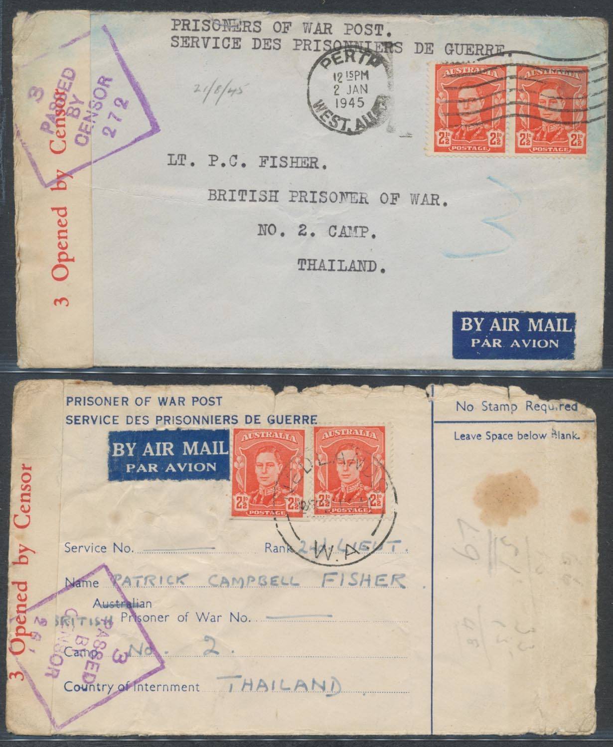 POWs in Thailand: 1943-45 mail to Camp No 1 (Nong Pladuk) POW Postal Card  by air endorsed RTA & with small redirection label, with the enclosed  letter; Camp No 2 (Chungkai) plain