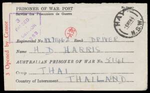 POWs in Thailand: 1944 black/white POW Envelope to an undesignated camp with 'HAY/NSW' cds & camp censor Matsushita cachet, with the enclosed letter. Unusually fine for such material. (2 items)