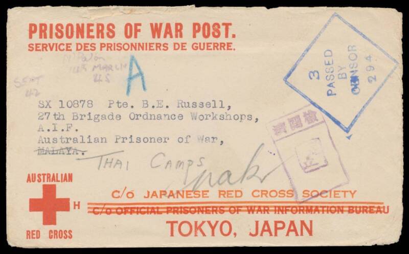 POWs in Thailand: Red Cross Envelope with Three Thin Bars from South Australia with Melbourne censor cachet unusually in blue, to Changi where redirected to "Nak" (= Nakon Patom), unidentified camp censor cachet in violet, endorsed "Sept 42" - presumably