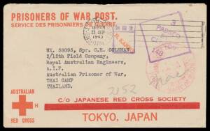 POWs in Thailand: Red Cross Envelope with Thick Bar from NSW with Melbourne machine cancel (most unusually with the datehead inverted), to undesignated camp with mss "Nac" (= Nakom Paton), Camp censor's cachet 'H KANNO' most unusually in Roman letters!