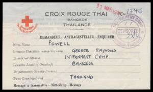 POWs in Thailand: 1943 (June 4) Thai Red Cross message form to Victoria with 'INTERNMENT CAMP/CENSORED/Bangkok, Thailand' cachet and Thai & Swiss Red Cross cachets both in rosine. [From George Raymond Powell, stated to be the only Australian civilian inte