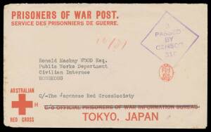 POWs in Hong Kong: Red Cross Envelopes with Two Ruled Lines or Thick Bar x2 all to civilian internees from Victoria or NSW x2, Japanese censor "chops" of Maejima, Takamatsu or Matsuda (relief censor), minor blemishes. (3)