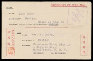 POWs in Hong Kong: POW Postal Card & Envelope with 'STANLEY CIVILIAN INTERNMENT CAMP' imprint & a different type of Envelope endorsed on the flap "Prisoner of War Camp N", Japanese censor chops of Maejima, Funyou or Hasegawa, the two envelopes peculiarly 