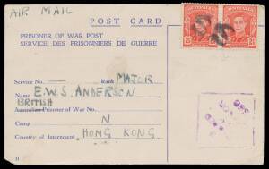 POWs in Hong Kong: Red Cross Envelope with Thick Bar, and a plain cover with Japanese censor "chops" of Matsuda (relief censor) or Hasegawa, also 1945 (Aug 4) blue/white Postal Card uprated for air transmission with 2Â½d x2 that arrived after the addresse