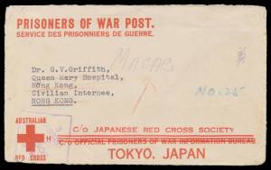 POWs in Hong Kong: Red Cross Envelope with Three Thin Bars to an interned medical doctor at Queen Mary Hospital but forwarded to "Macao" with hexagonal '.../24-III-44/MACAU' arrival b/s, minor blemishes. Macau, as a Portuguese colony, was neutral territor