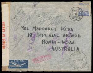 POWs in Hong Kong: 1942 plain envelope endorsed "Block 18/Room 16/Stanley Internment Camp" on the reverse, to NSW with Japanese 20s tied by Japanese Hong Kong cds of 17.6.27 (1942), 'BONDI/30OC42/NSW-AUST' arrival cds, 'UNCLAIMED' & 'REBUTS' (= return) ca