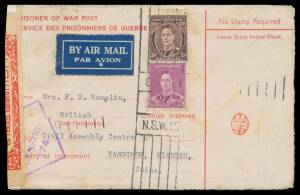 POWs in China: YANGCHOW (YANGZHOU): Undated red/white POW envelope for surface transmission but sent airmail with 2d & 3d unusually tied by Sydney parcel roller, to "Civil Assembly Centre C", censored in Melbourne & at Shanghai (?) with Japanese label tie