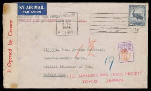 POWs in China: 1944 (Feb 2) plain Red Cross cover by air to "Taiwan Camp" with 5Â½d Emu (unnecessarily paying the Â½d war tax), Japanese boxed censor cachet in violet & camp censor Tahara "chop" in red, minor blemishes. [Most POWs on Taiwan were officers.