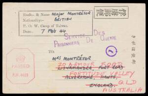 POWs in China: Undated cover from a colonel to Melbourne with Taiwan Camp censor cachet & camp censor Yoshikawa "chop", flap removed; and POW Postal Card with camp censor Nishikawa "chop" from a British major to England & redirected to Queensland; both wi