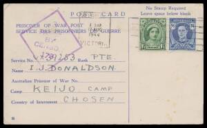 POWs in Korea: Plain cover, blue/white envelope (opened-out), Red Cross envelope with Thick Bar & blue/white lettersheet, and two blue/white Postal Cards uprated for airmail (both incorrectly paid the 5d letter rate instead of the 4d postcard rate), to Ke