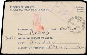 POWs in Korea: Two Red Cross envelopes with Thick Bar, the first to Singapore redirected to "CHOSEN" (faults), the other to Keijo Camp, and POW Relatives Association blue/white lettersheet to Jinsan Camp. All to Captain Guy Round who, after the war, was R