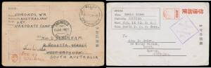 POWs in Japan: Various types of POW Postal Cards x4 (one duplicated) & Envelopes x4 from Fukuoka, Hakodate x2, Osaka x2 (one with Morimoto censor's cachet) & Tokyo x3, condition rather mixed. A very scarce group. (8)