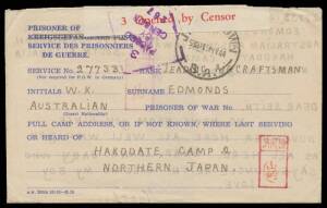 POWs in Japan: HAKODATE: Plain cover from 'TWO WELLS' (SA) with Melbourne censor cachet unusually in blue, minor opening fault at U/R, with the enclosed letter; and Red Cross blue/white POW Lettersheet from 'JAMESTOWN/SA'. (3 items)