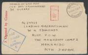 POWs in Japan: HAKODATE: Plain cover from 'TWO WELLS' (SA) with Melbourne censor cachet unusually in blue, minor opening fault at U/R, with the enclosed letter; and Red Cross blue/white POW Lettersheet from 'JAMESTOWN/SA'. (3 items) - 2